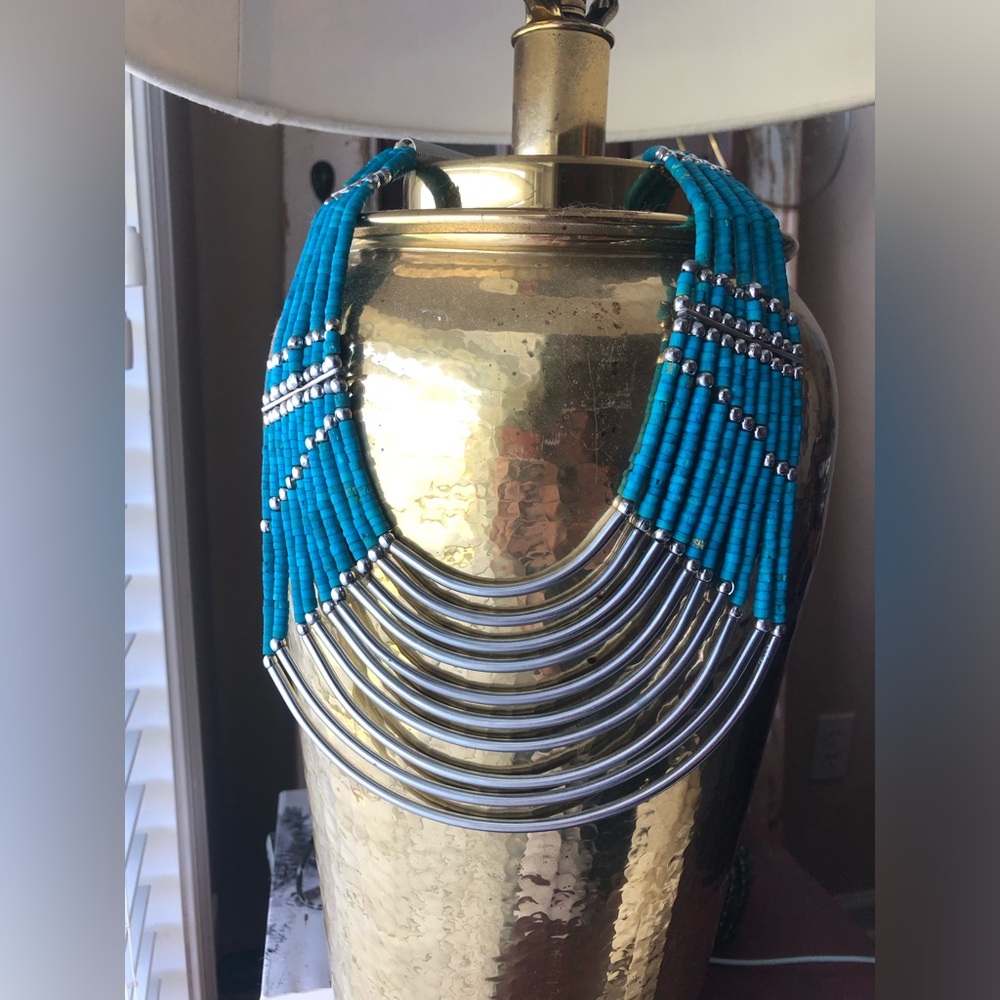 Native American style necklace layered wooden turquoise beads with metal tubular